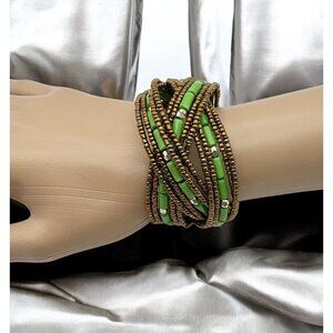 Green & Gold Tone Beaded Coil Cuff Bracelet Multi Strand Braided Woven Design
